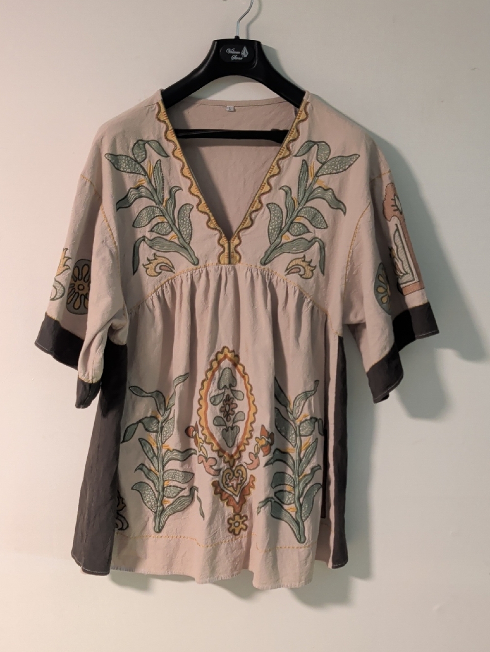 Embroidered Boho V-Neck Women’s Tunic Top in Cream and Olive